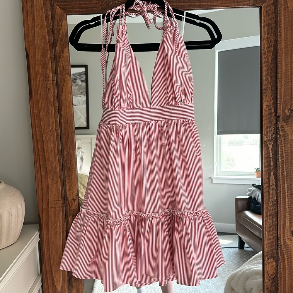 Pink & white striped halter dress